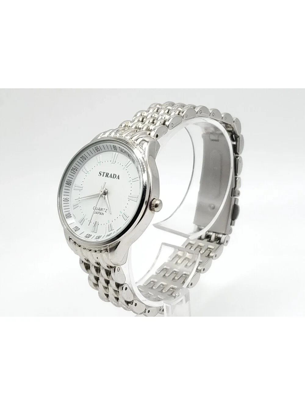 Strada Quartz Womens Watch New Battery Silver Tone Tachymetre White Dial 32mm